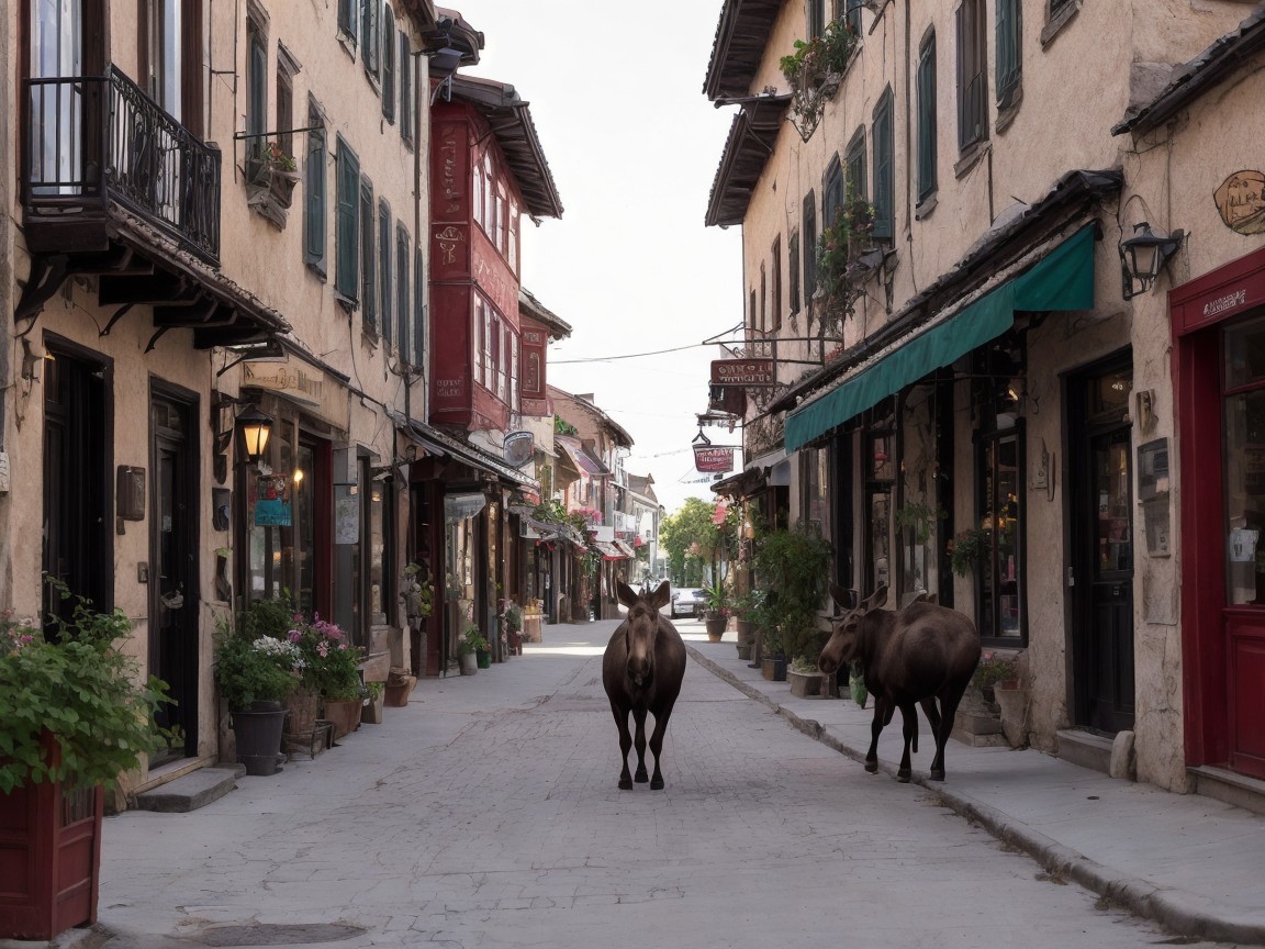 Charming Village Scene with Rustic Shops and Cows