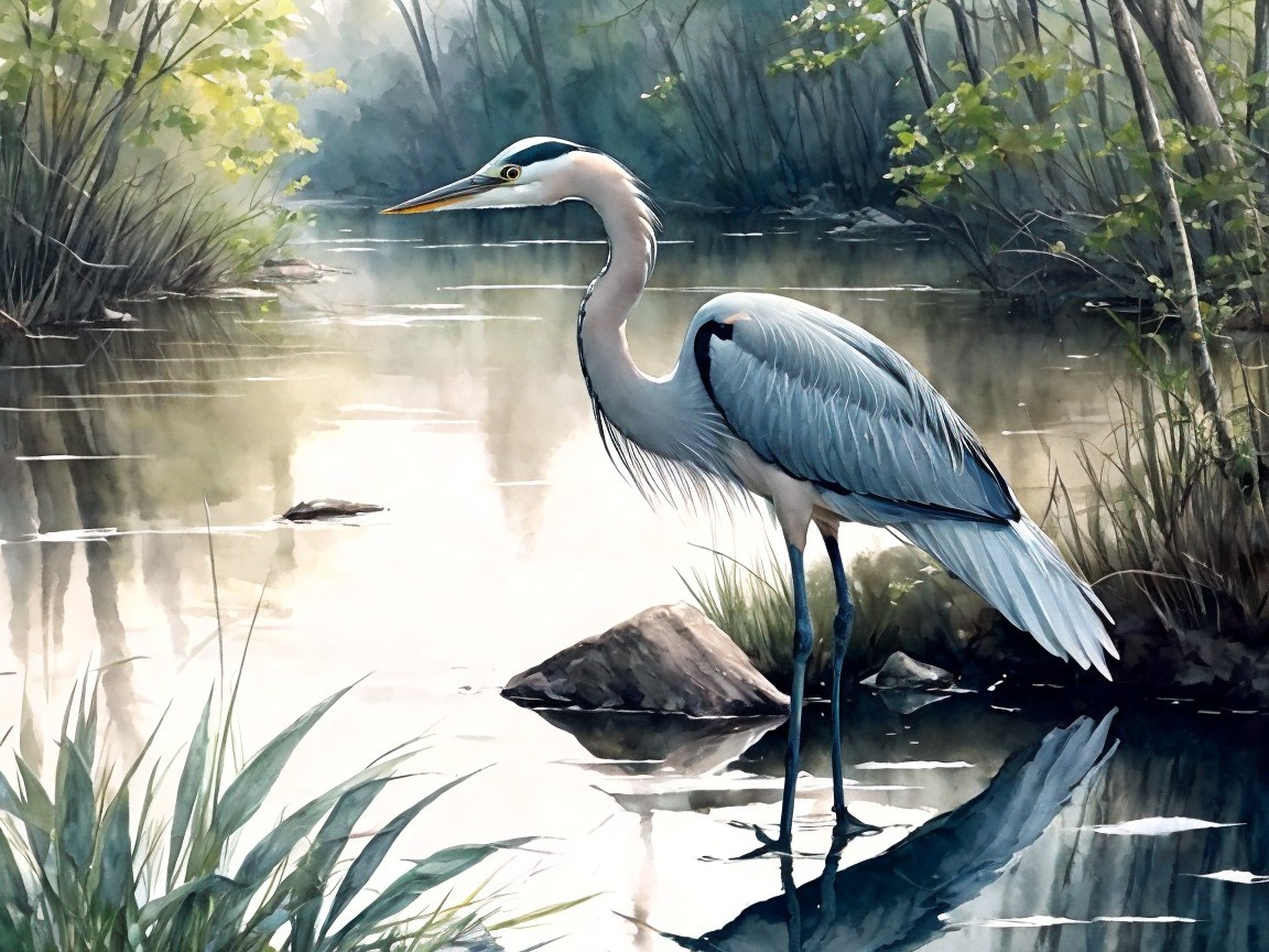 Heron in Tranquil Waterway Surrounded by Greenery