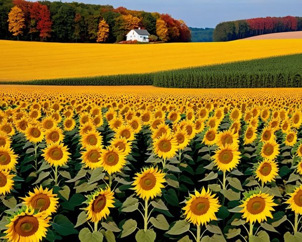 Vibrant Sunflower Field with Autumn Landscape and House