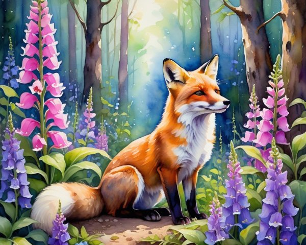 Majestic fox in a vibrant forest with pink foxgloves