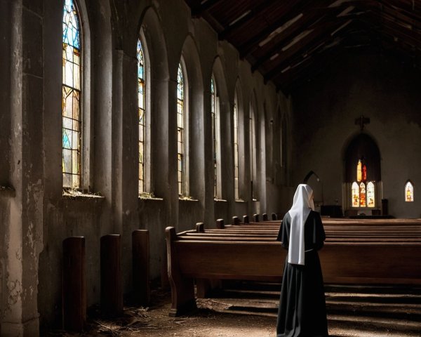 Nun in Contemplative Prayer Inside Weathered Church