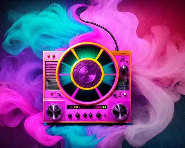 Vibrant Retro-Style Radio with Colorful Smoke Background