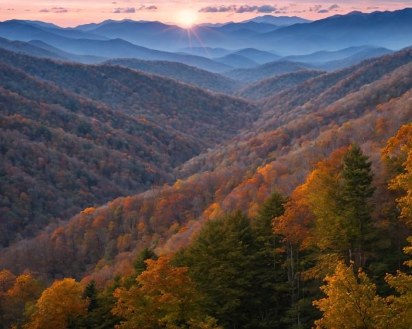 Rolling Mountains at Sunset with Autumn Foliage