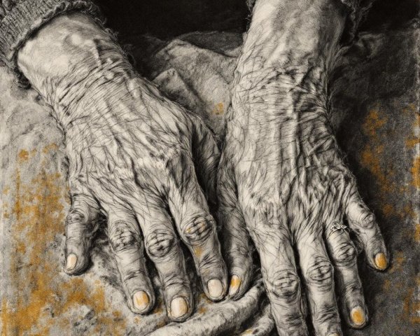 Close-up of Weathered Hands on Fabric Background