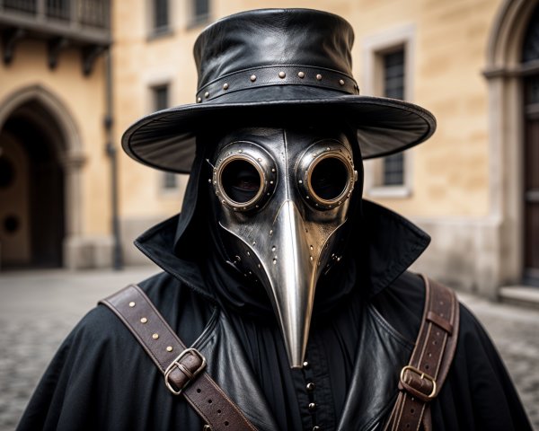 Enigmatic figure in dark cloak and beaked mask