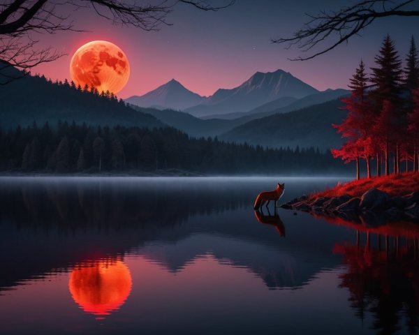 Twilight Landscape with Moon, Lake, and Mountains