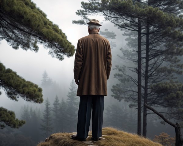Elderly Man Contemplating in Misty Forest Setting