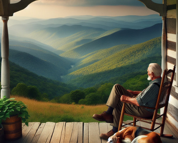 Elderly Man in Rocking Chair with Dog on Porch