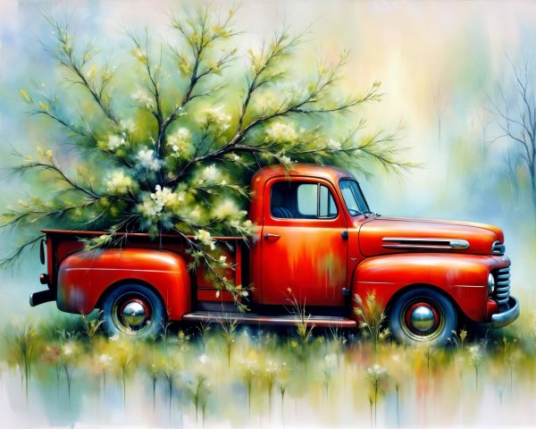 Vintage Red Pickup Truck with Blooming Branches