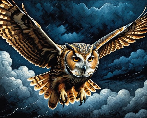 Majestic owl flying through a stormy sky with lightning