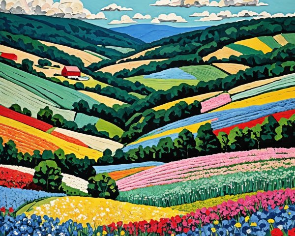 Vibrant Landscape with Colorful Flower Fields and Hills