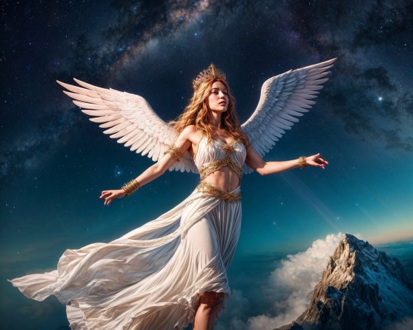 Celestial Figure on Mountain Peak with Wings and Stars