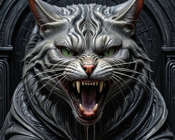 Intricate Sculpture of a Fierce Snarling Cat
