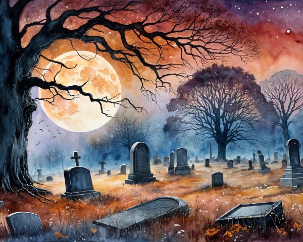 Haunting Graveyard Scene Under a Full Moon