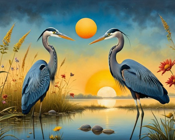 Elegant herons by tranquil water at sunset