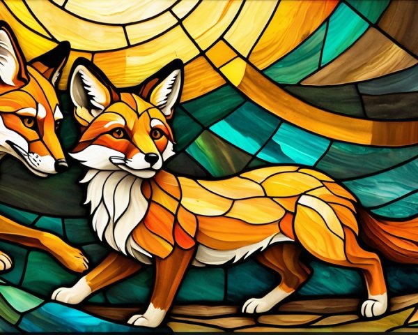 Vibrant Stained Glass Artwork of Two Playful Foxes