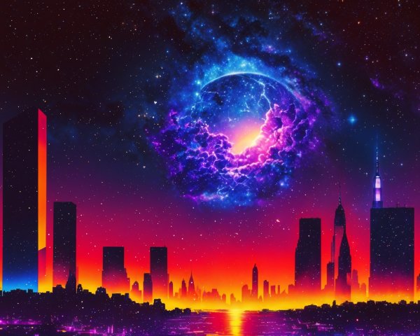 City Skyline Against a Cosmic Nebula Background