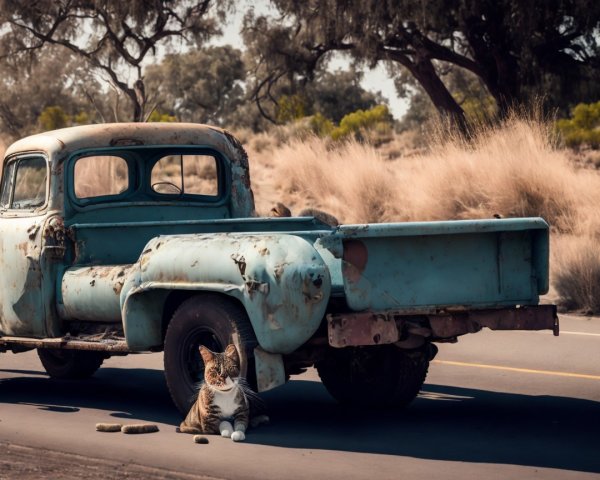 Weathered Turquoise Pickup Truck with Tabby Cat Scene