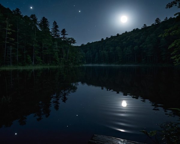 Tranquil Lake Reflection Under Full Moon and Stars