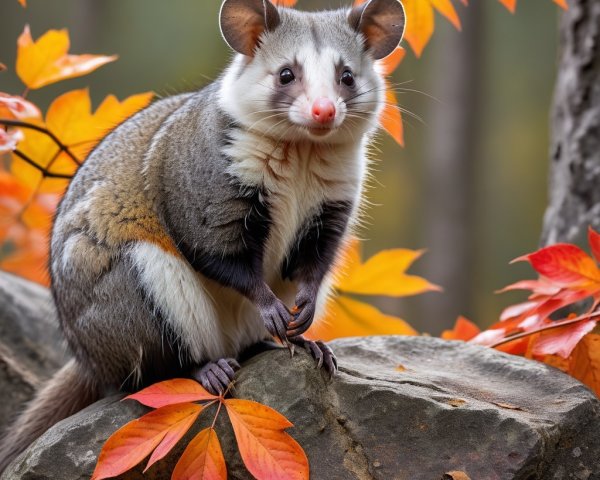 Charming Marsupial on Rock Surrounded by Autumn Leaves