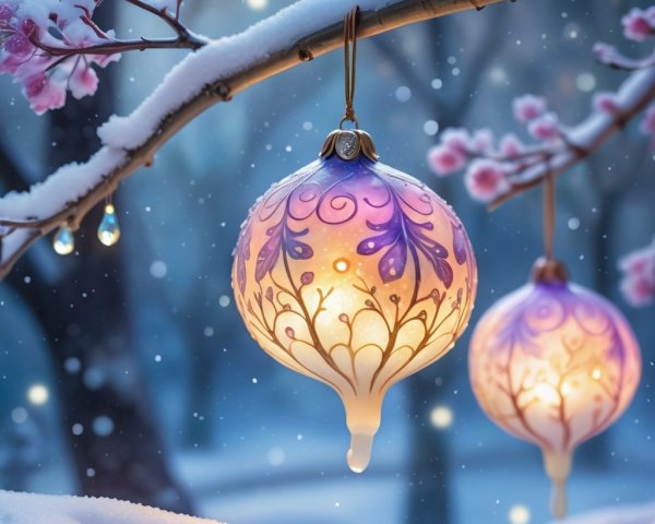 Winter Scene with Glass Ornaments and Snowflakes