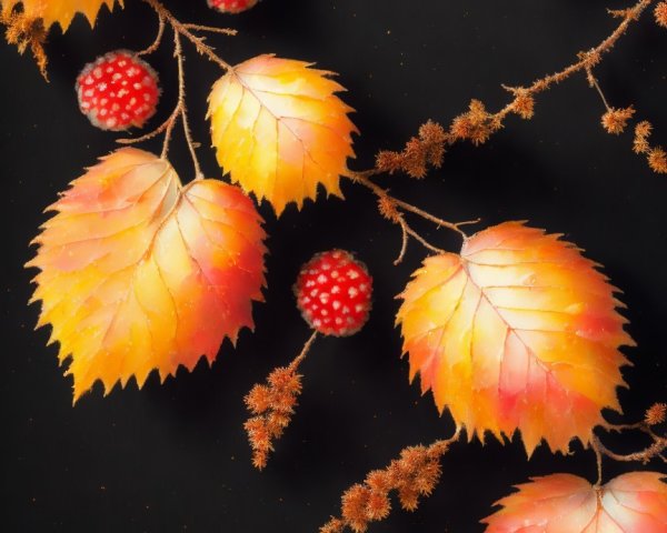 Vibrant Autumn Leaves with Red Berries on Black Background