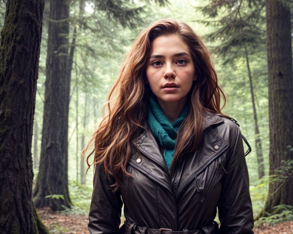 Young woman in forest with leather jacket and scarf