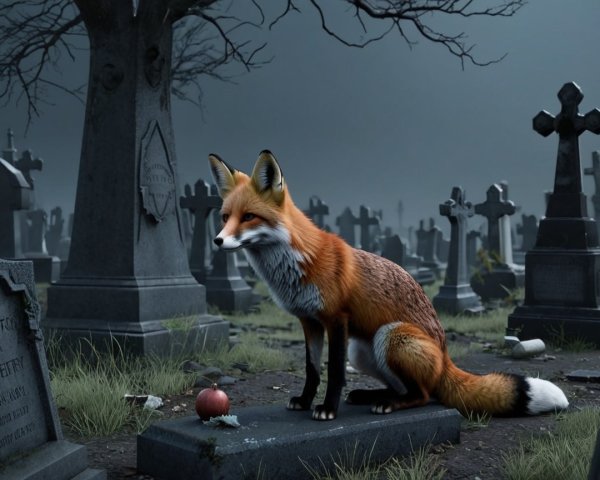 Fox Beside Gravestone in Misty Graveyard Scene
