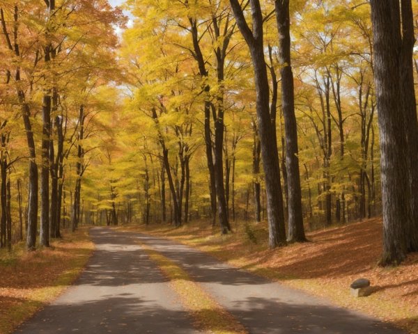 Autumn Forest Path with Golden Leaves and Sunlight