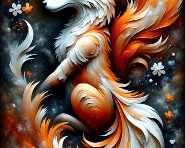 Stylized fox with vibrant fur against dark background