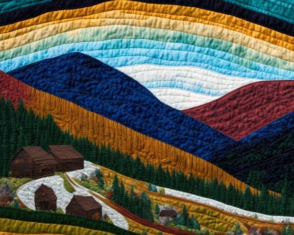 Vibrant Quilt Artwork of Mountainous Landscape and Cabins