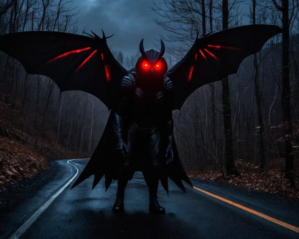 Menacing Figure with Wings in Eerie Forest at Dusk