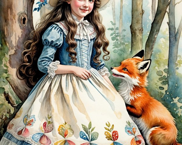 Young girl in colorful dress with fox in forest
