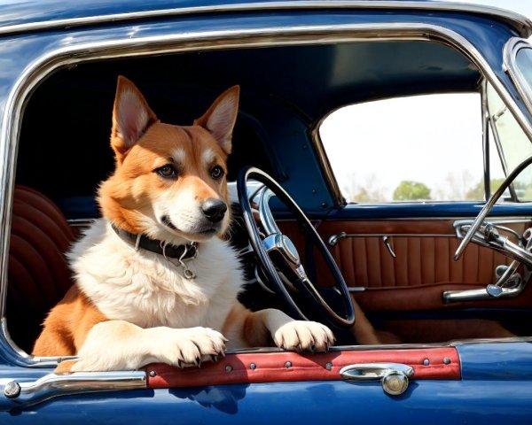 Corgi in Vintage Blue Car with Leather Interior