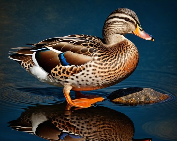 Vibrant Duck on Rock in Calm Water Setting
