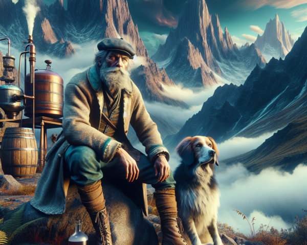 Elderly Man with Dog in Mountainous Steampunk Scene