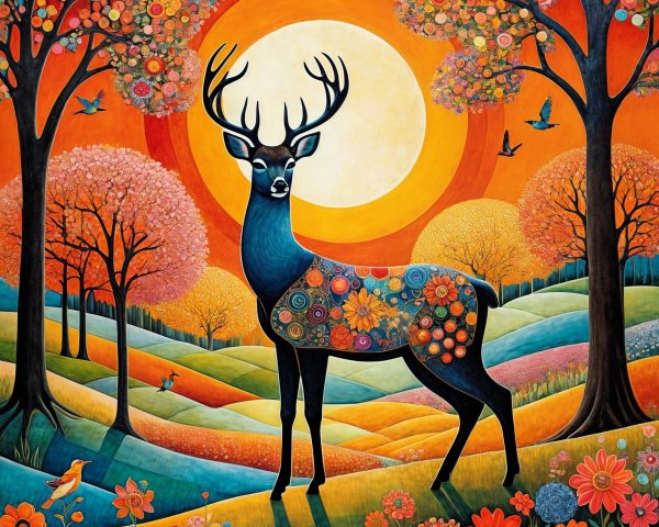 Vibrant Landscape with Deer and Colorful Flora