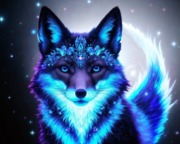 Mystical fox with crystals in a cosmic setting