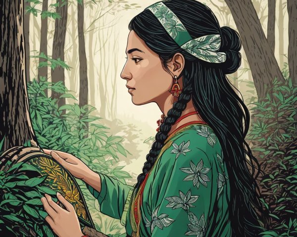 Young Woman in Vibrant Green Outfit in Forest Setting