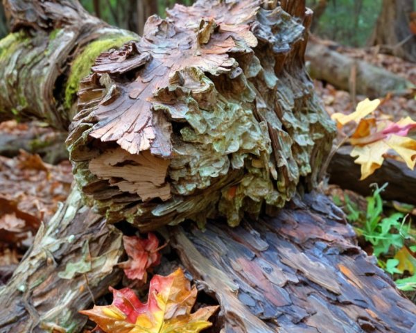 Close-up of Weathered Wood Among Autumn Leaves