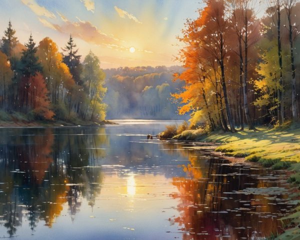 Autumn Landscape with Calm Lake and Vibrant Foliage
