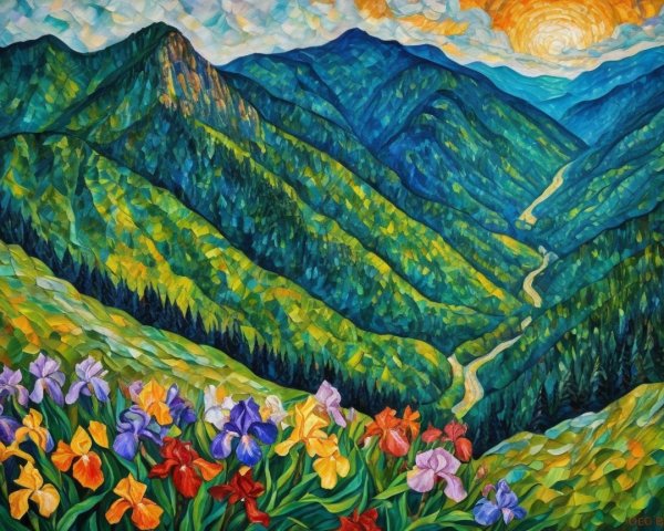 Vibrant Landscape with Mountains and Blooming Irises