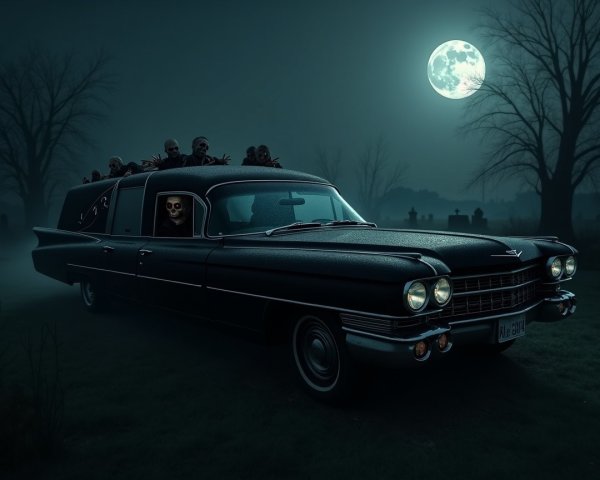Vintage Black Hearse in Misty Cemetery at Night