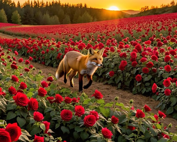 Vibrant Sunset Over Field of Blooming Red Roses