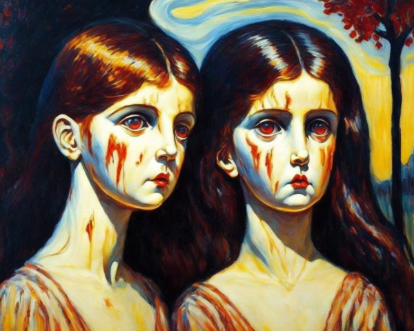 Haunting Portrait of Identical Girls in Surreal Landscape