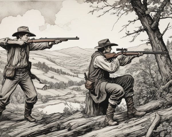 Hunters in Rugged Landscape with Rolling Hills and River