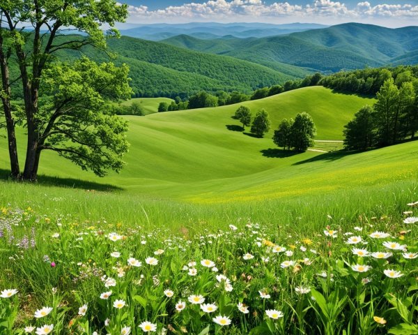 Serene Landscape of Green Hills and Distant Mountains