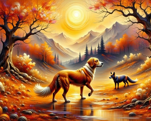 Autumn Landscape with Foliage, Animals, and Mountains