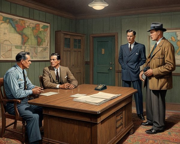 Men in Office with Maps and Dim Lighting