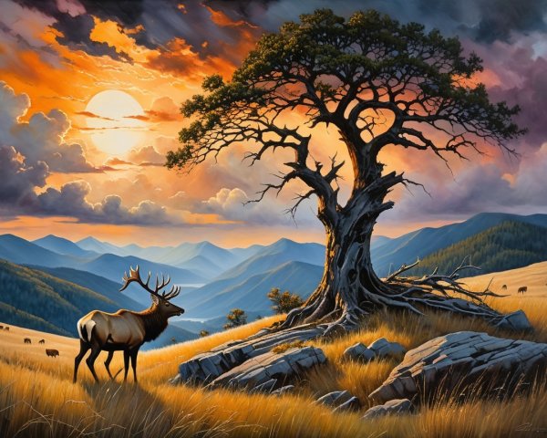 Majestic elk at sunset with mountain backdrop and cows